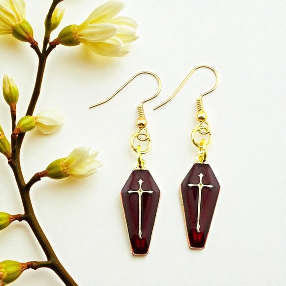 Blood Red Coffin Earrings Gold Cross on Top Gold Plated French Hook Ear Wires - Picture 1 of 11
